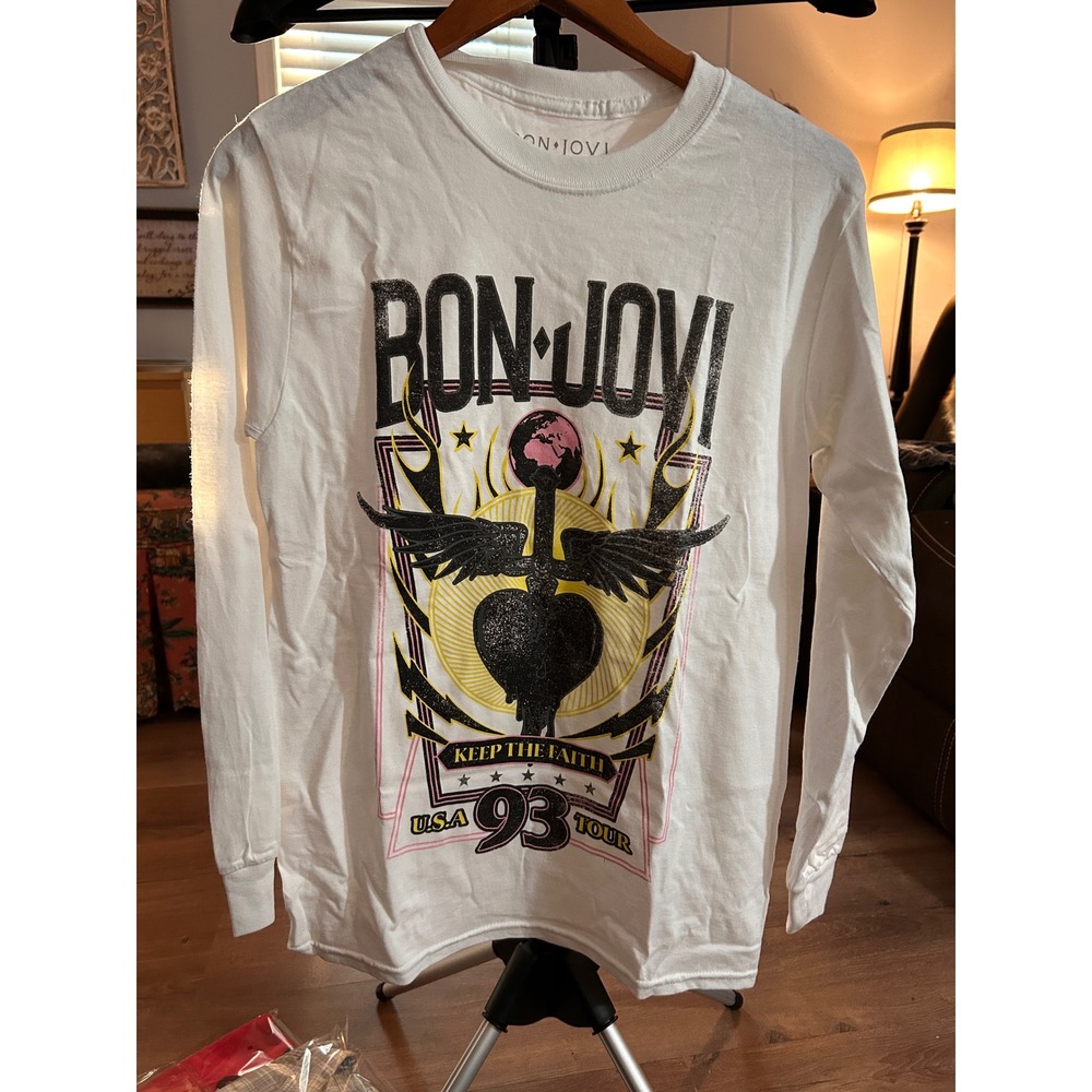 Bon Jovi Keep The Faith 93 USA Tour Long Sleeve Graphic T-Shirt White Small